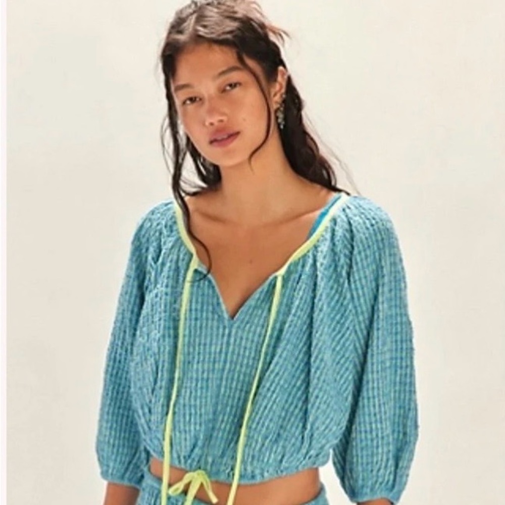 Free People Free-est Clara Plaid Textured Blouse Top